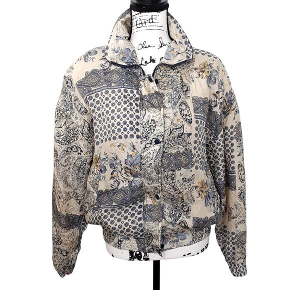 Vintage 80s 100% Silk Bomber Jacket Shoulder Pads Blue Windbreaker Women L Retro - Picture 1 of 12